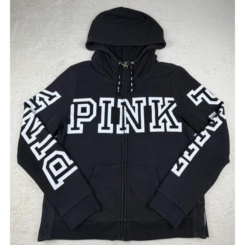 PINK Victoria's Secret L Sweatshirt Black/White GRAPHIC Zip HOODED Side Snaps